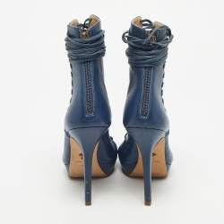 Pre Owned Versace Blue Leather Lace Up Ankle Length Boots Size 40
