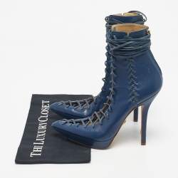 Pre Owned Versace Blue Leather Lace Up Ankle Length Boots Size 40