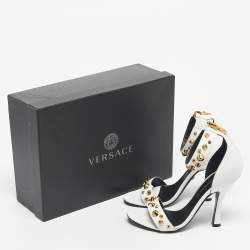 Pre Owned Versace White Leather Studded Ankle Strap Sandals Size 38