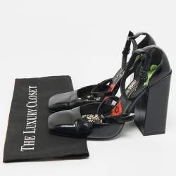 Pre Owned Versace Black Leather Ankle Wrap Block Heel Pumps Size 38