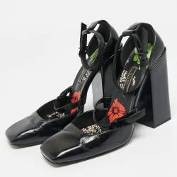 Pre Owned Versace Black Leather Ankle Wrap Block Heel Pumps Size 38