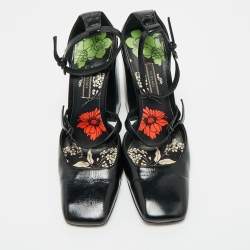 Pre Owned Versace Black Leather Ankle Wrap Block Heel Pumps Size 38