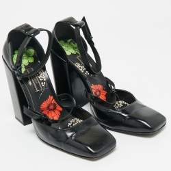 Pre Owned Versace Black Leather Ankle Wrap Block Heel Pumps Size 38