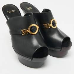Pre Owned Versace Black Leather Medusa Insignia Slide Sandals Size 38.5