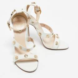Pre Owned Versace White Leather Studded Medusa Ankle Strap Sandals Size 38