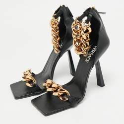 Pre Owned Versace Black Leather Medusa Chain Ankle Strap Sandals Size 41