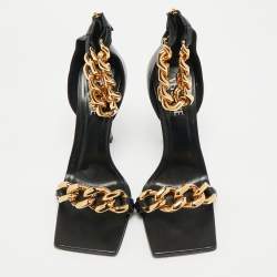 Pre Owned Versace Black Leather Medusa Chain Ankle Strap Sandals Size 41
