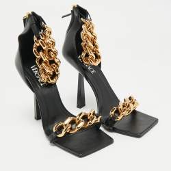 Pre Owned Versace Black Leather Medusa Chain Ankle Strap Sandals Size 41