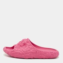 Pre Owned Versace Pink  Rubber Medusa Embossed Pool Slides Size 40