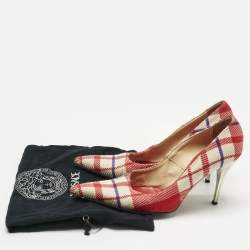 Pre Owned Versace White/Red Plaid Check Fabric Pointed Toe Pumps Size 38