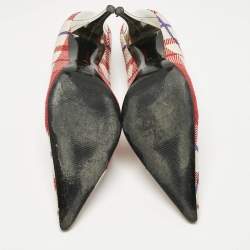 Pre Owned Versace White/Red Plaid Check Fabric Pointed Toe Pumps Size 38