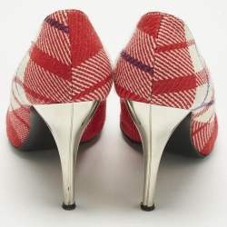 Pre Owned Versace White/Red Plaid Check Fabric Pointed Toe Pumps Size 38