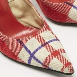 Pre Owned Versace White/Red Plaid Check Fabric Pointed Toe Pumps Size 38