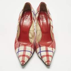 Pre Owned Versace White/Red Plaid Check Fabric Pointed Toe Pumps Size 38