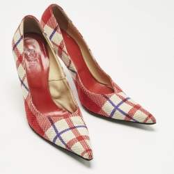 Pre Owned Versace White/Red Plaid Check Fabric Pointed Toe Pumps Size 38