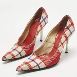 Pre Owned Versace White/Red Plaid Check Fabric Pointed Toe Pumps Size 38
