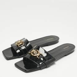 Pre Owned Versace Black Patent Medusa Logo Embellished Flat Slides Size 40