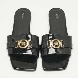 Pre Owned Versace Black Patent Medusa Logo Embellished Flat Slides Size 40