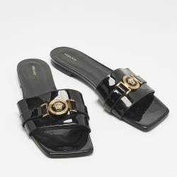 Pre Owned Versace Black Patent Medusa Logo Embellished Flat Slides Size 40