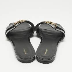 Pre Owned Versace Black Patent Medusa Logo Embellished Flat Slides Size 40