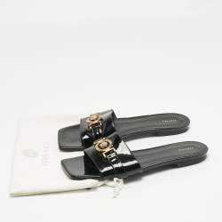 Pre Owned Versace Black Patent Medusa Logo Embellished Flat Slides Size 40