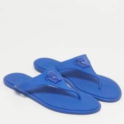 Pre Owned Versace Blue Rubber Medusa Thong Flat Slide Size 38.5