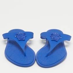 Pre Owned Versace Blue Rubber Medusa Thong Flat Slide Size 38.5