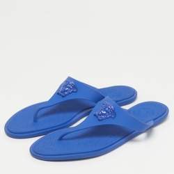 Pre Owned Versace Blue Rubber Medusa Thong Flat Slide Size 38.5