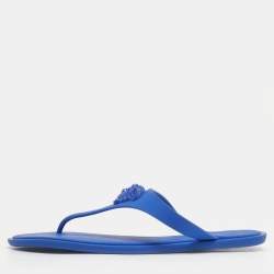 Pre Owned Versace Blue Rubber Medusa Thong Flat Slide Size 38.5