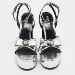 Pre Owned Versace Silver Foil Leather Ankle Strap Platform Sandals Size 40