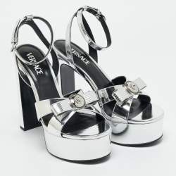 Pre Owned Versace Silver Foil Leather Ankle Strap Platform Sandals Size 40