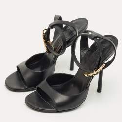 مملوكة مسبقًا Versace Black Leather Safety Pin Ankle Strap Sandals Size 37