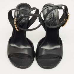 مملوكة مسبقًا Versace Black Leather Safety Pin Ankle Strap Sandals Size 37