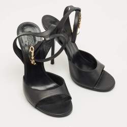 مملوكة مسبقًا Versace Black Leather Safety Pin Ankle Strap Sandals Size 37