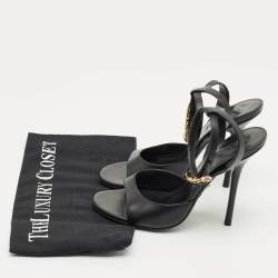 مملوكة مسبقًا Versace Black Leather Safety Pin Ankle Strap Sandals Size 37