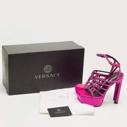 Pre Owned Versace Fuchsia Suede Greca Caged Platform Sandals Size 36