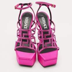Pre Owned Versace Fuchsia Suede Greca Caged Platform Sandals Size 36