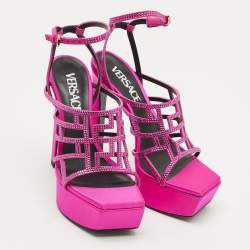 Pre Owned Versace Fuchsia Suede Greca Caged Platform Sandals Size 36