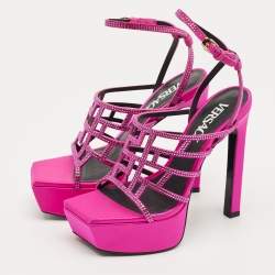 Pre Owned Versace Fuchsia Suede Greca Caged Platform Sandals Size 36
