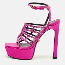 Pre Owned Versace Fuchsia Suede Greca Caged Platform Sandals Size 36