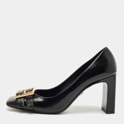 Pre Owned Versace Black Leather Block Heel Pumps Size 38.5