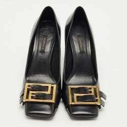Pre Owned Versace Black Leather Block Heel Pumps Size 38.5