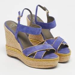 Pre Owned Versace Blue Suede Espadrille Strappy Wedge Sandals Size 39