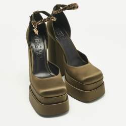 Pre Owned Versace Dark Green Satin D'orsay Crystal Embellish Platform Pumps Size 40