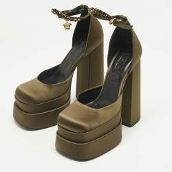 Pre Owned Versace Dark Green Satin D'orsay Crystal Embellish Platform Pumps Size 40