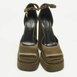 Pre Owned Versace Dark Green Satin D'orsay Crystal Embellish Platform Pumps Size 40