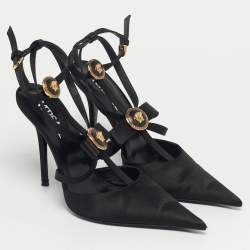 مملوكة مسبقًا حذاء كعب عالي فيرساتشي رباط ساتان أسود بحزام كاحل مقاس 38