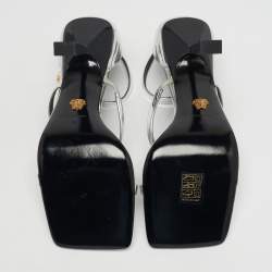 مملوكة مسبقًا Versace Silver Leather Safety Pin Ankle Strap Sandals Size 39