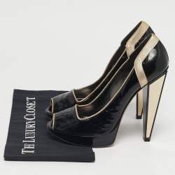Pre Owned Versace Size 40 Black/Gold Leather Platform Peep Toe Platform Pumps