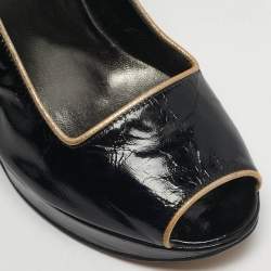 Pre Owned Versace Size 40 Black/Gold Leather Platform Peep Toe Platform Pumps